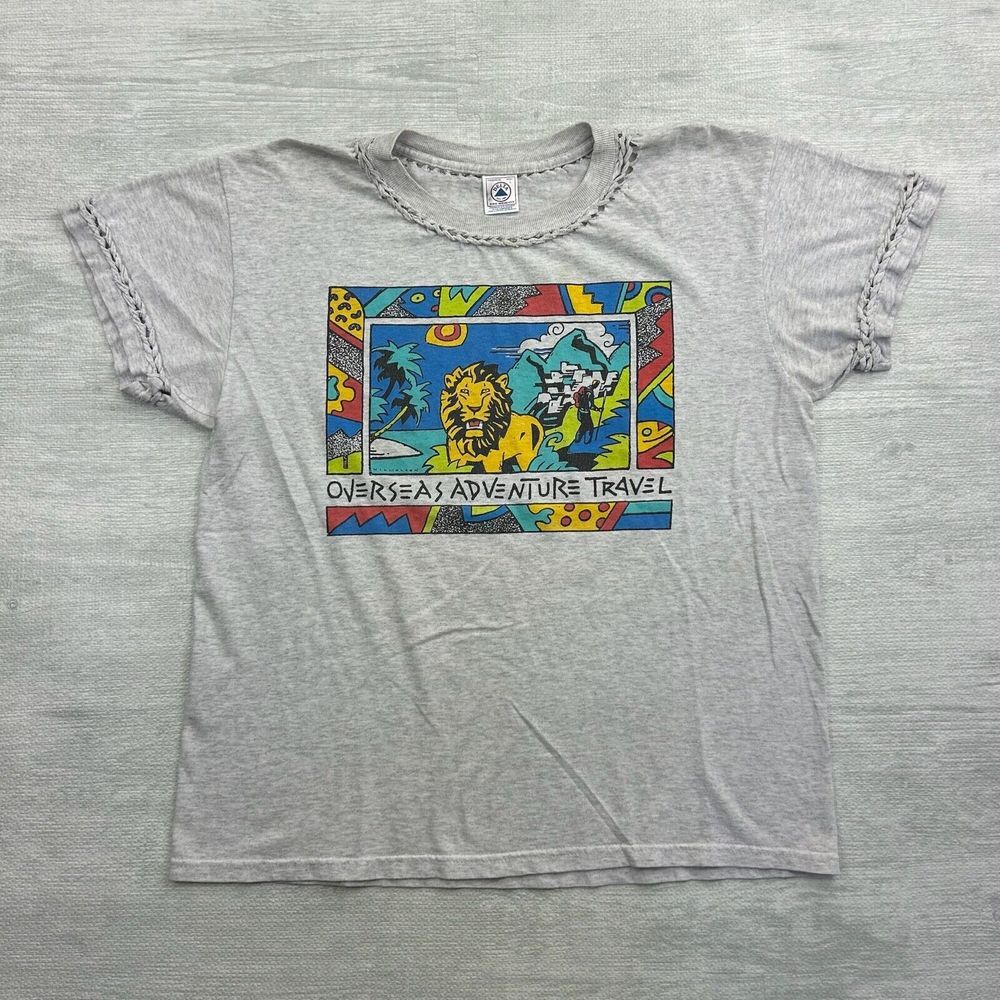Vintage Overseas Adventure Travel Shirt Adult Large Gray Safari Nature Animals